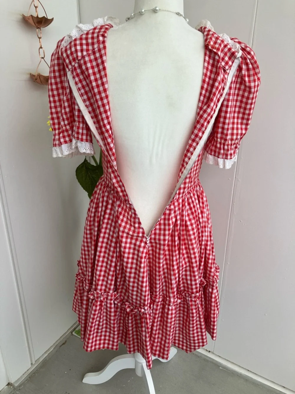 Vintage 60s Red & White Puff Sleeve Circle Skirt Gingham Square Dance Dress - Picture 9 of 10